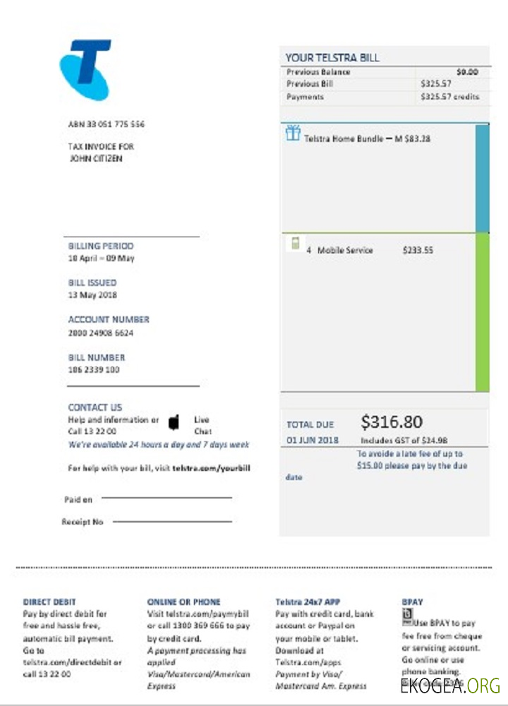 Australia Telstra telecommunications utility bill